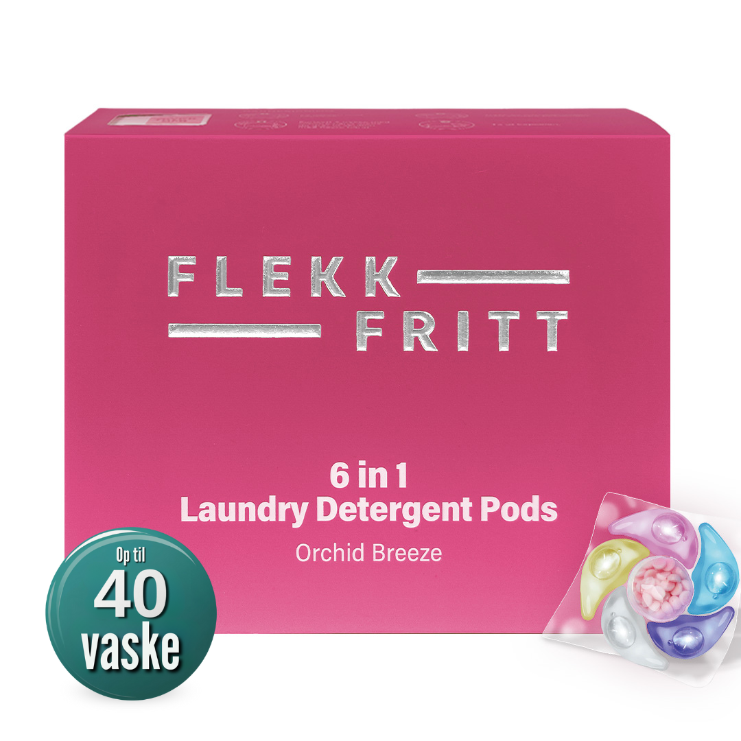 Flekkfritt 6-i-1 vaskepods Orchid Breeze pakke på hvid baggrund